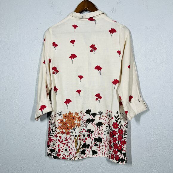 Max Half Button Mod Floral Print Tunic Tan Pink Red Hi Lo Hem - M - Picture 4 of 5